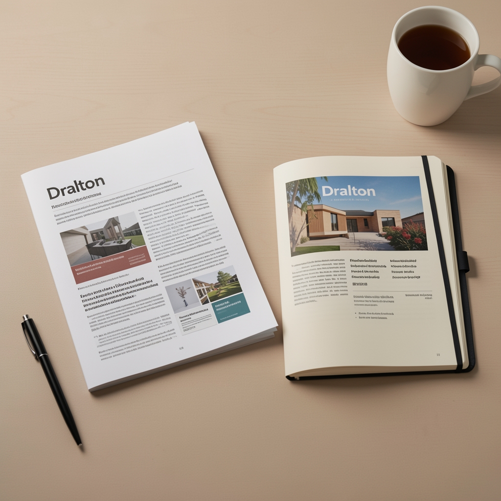 Neutrálne usporiadané redakčné materiály a notebook s otvorenou informačnou stránkou Dralton
