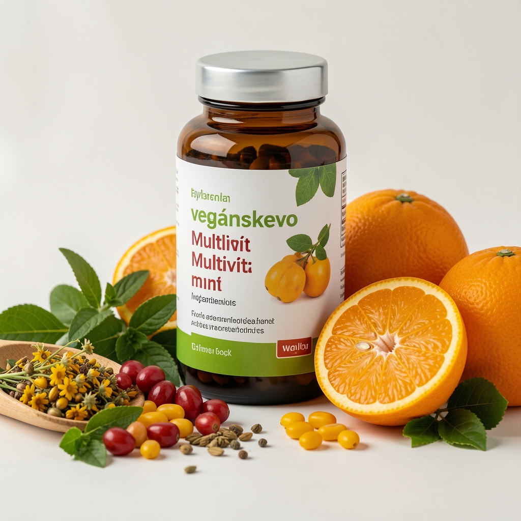 Farebné rastlinné ingrediencie, riasy a citrusy naaranžované pri balení vegánskeho multivitamínu