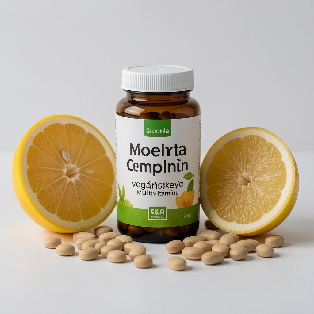 Kompozícia rias, citróna a balenia vegánskeho multivitamínu Complement